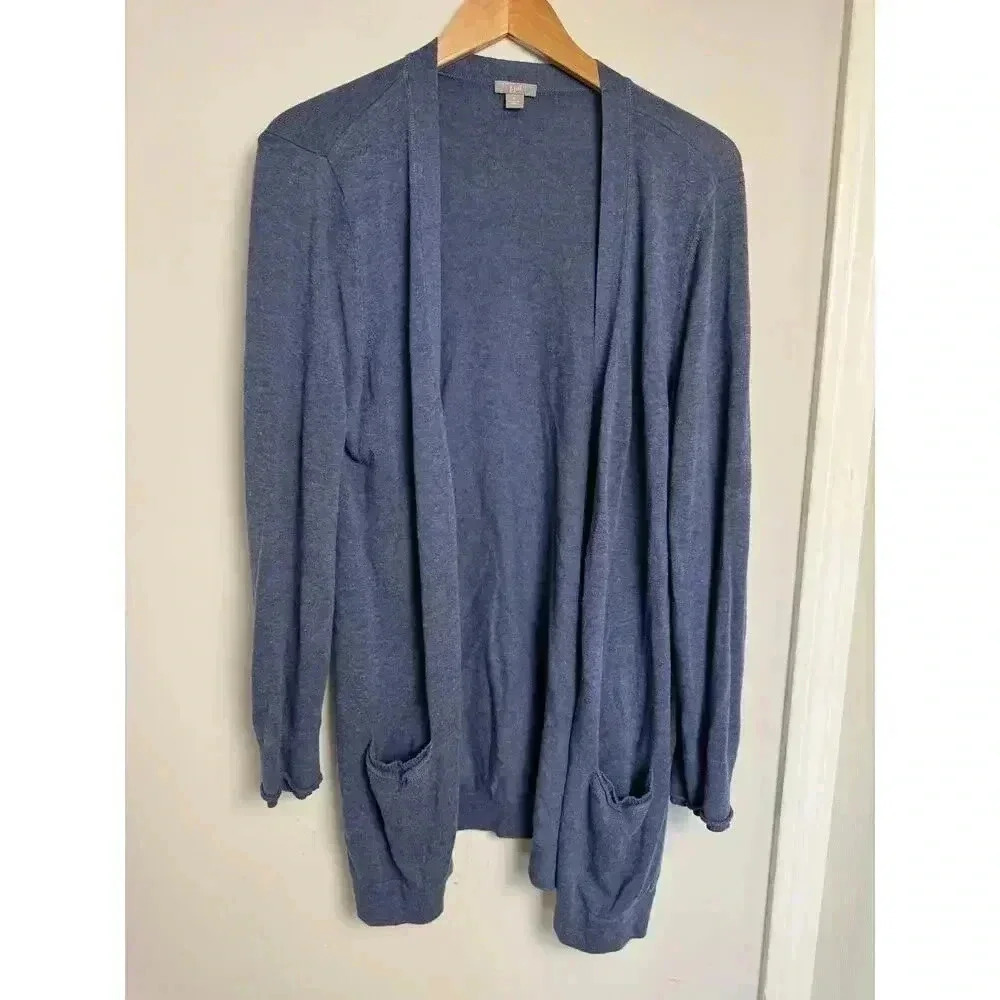 J Jill Long Lightweight Button Front Knit Cardigan Size L Blue V Neck Relaxed